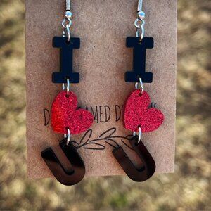 Valentines day heart I love you earrings dangle